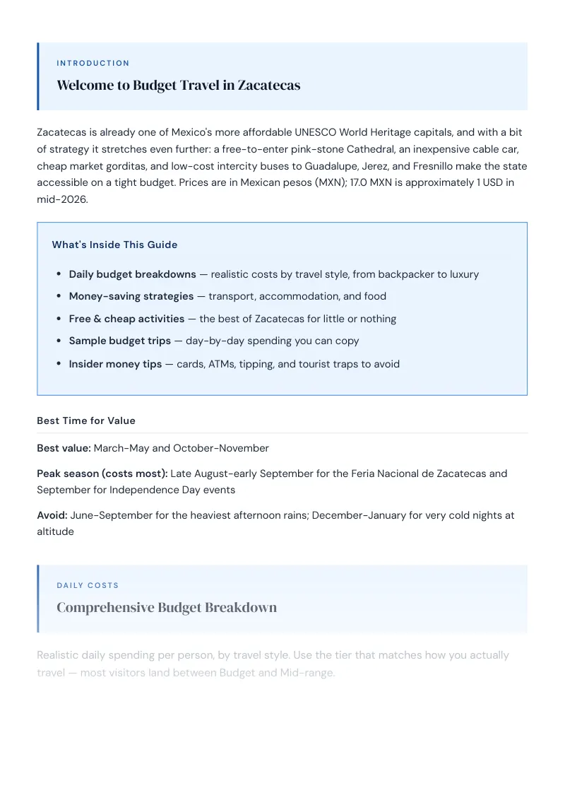 Zacatecas Complete Travel Bundle: Budget guide · Comprehensive Budget Breakdown