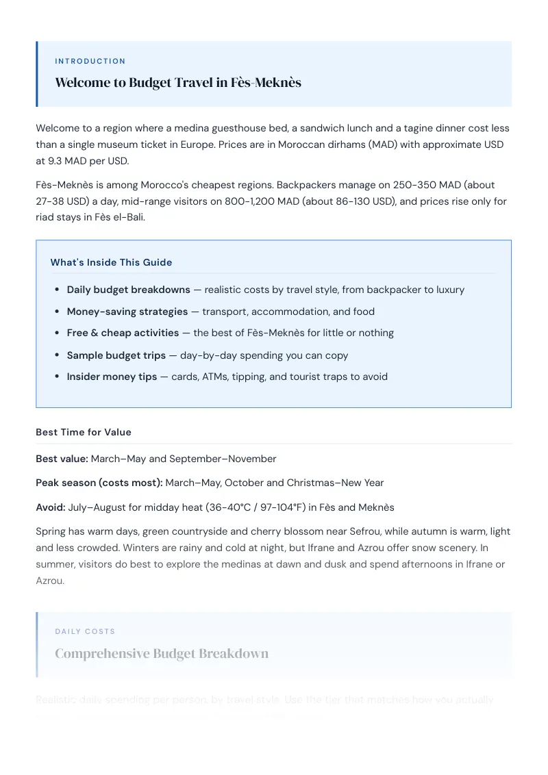 Fès Meknès Complete Travel Bundle: Budget guide · Comprehensive Budget Breakdown