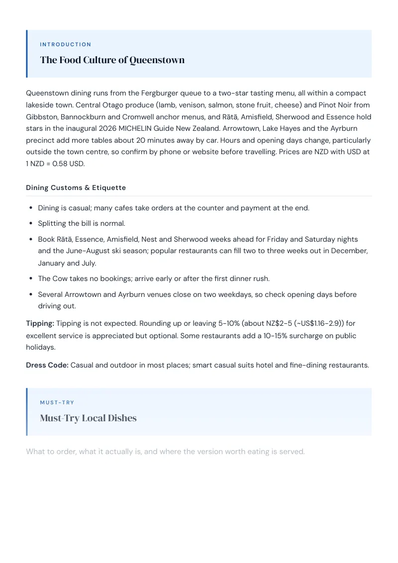 Queenstown Complete Travel Bundle: Food guide · Must-Try Local Dishes