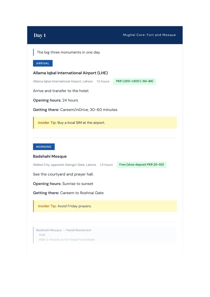 Lahore Complete Travel Bundle: 3-day itinerary · Day 1