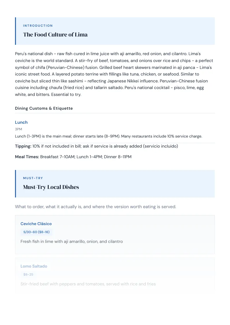 Lima Complete Travel Bundle: Food guide · Must-Try Local Dishes
