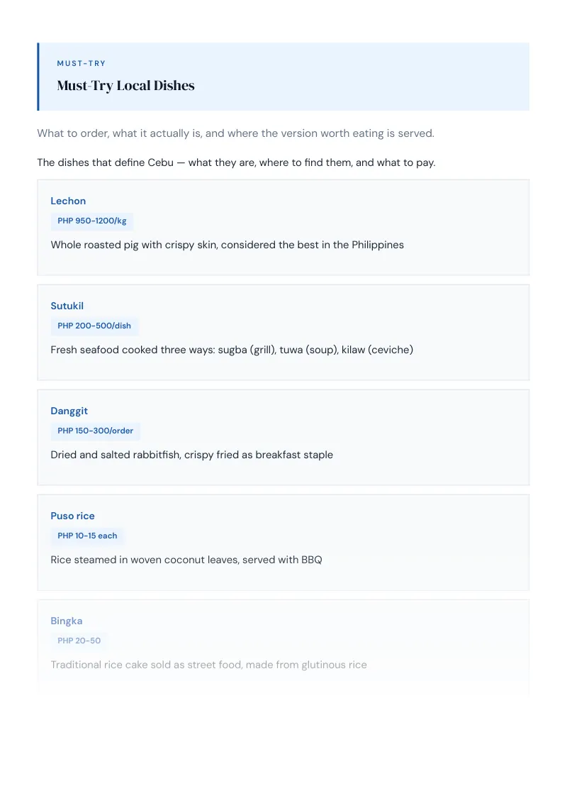 Cebu Complete Travel Bundle: Food guide · Must-Try Local Dishes