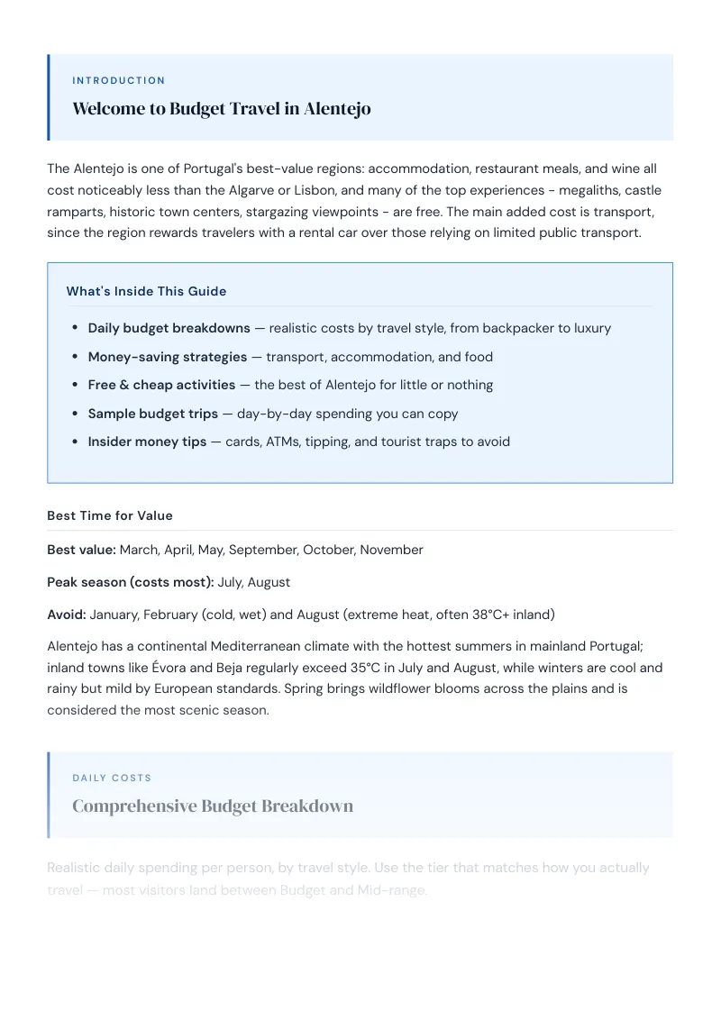 Alentejo Budget & Money-Saving Guide: Comprehensive Budget Breakdown