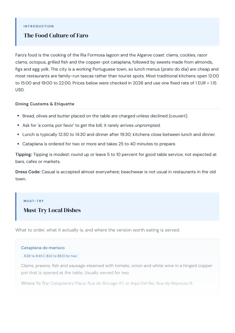 Faro Complete Travel Bundle: Food guide · Must-Try Local Dishes