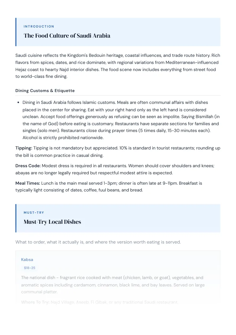 Saudi Arabia Complete Travel Bundle: Food guide · Must-Try Local Dishes