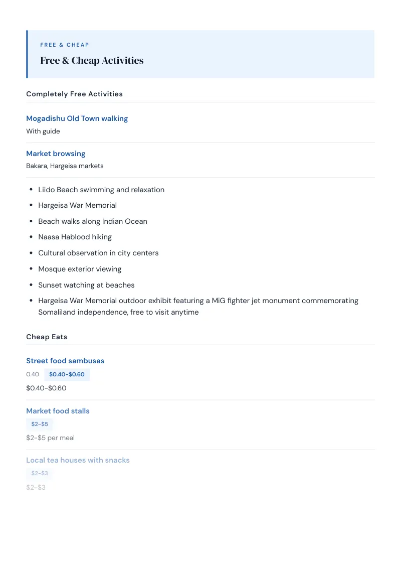 Somalia Budget & Money-Saving Guide: Free & Cheap Activities