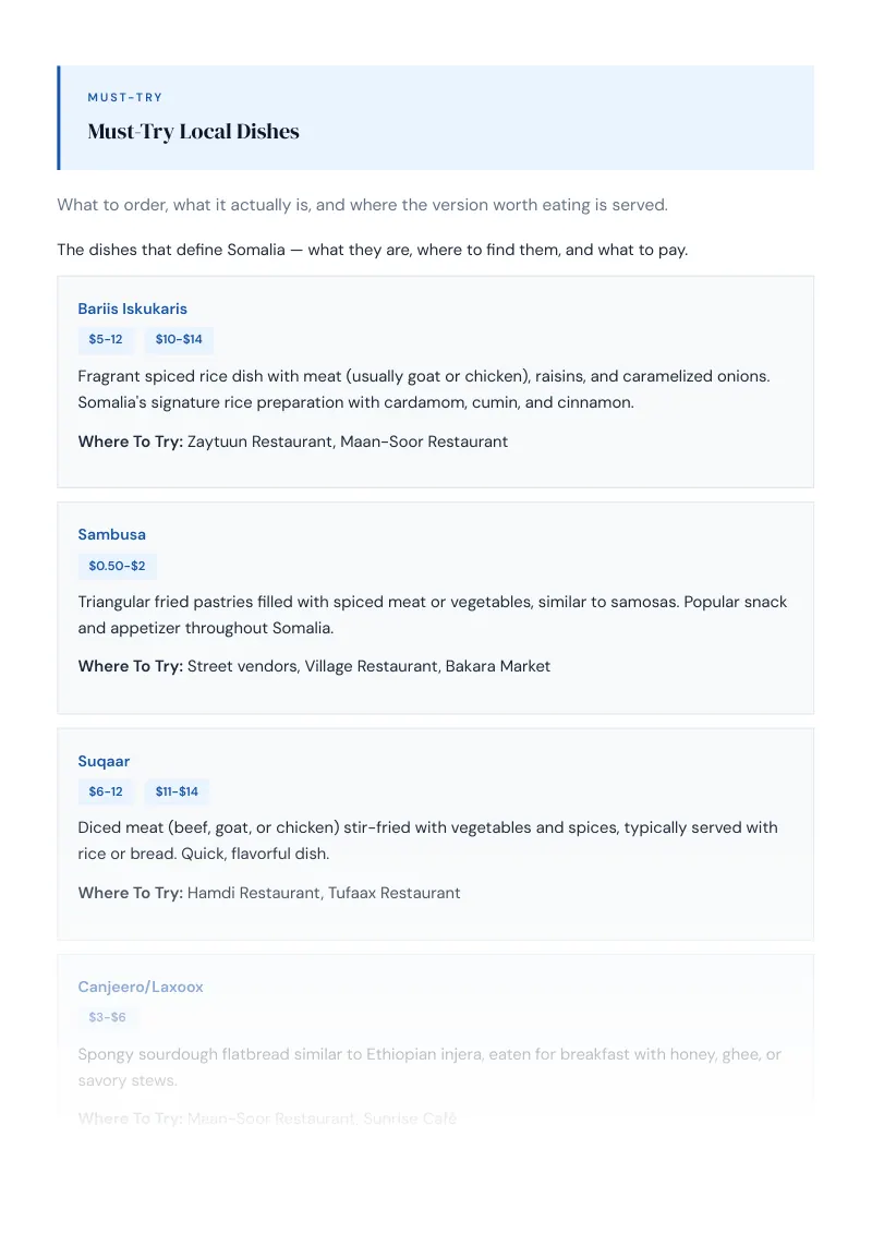 Somalia Complete Travel Bundle: Food guide · Must-Try Local Dishes