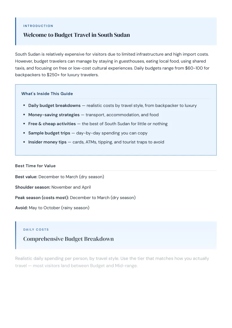 South Sudan Complete Travel Bundle: Budget guide · Comprehensive Budget Breakdown