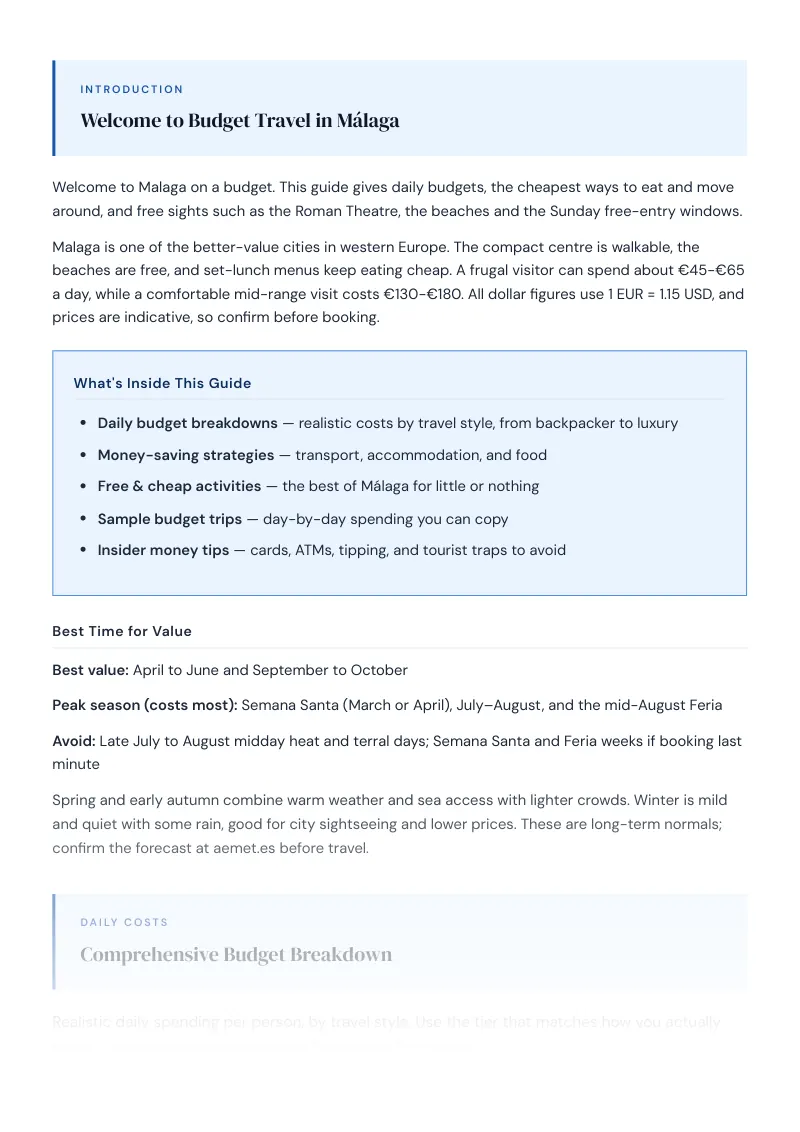 Malaga Budget & Money-Saving Guide: Comprehensive Budget Breakdown