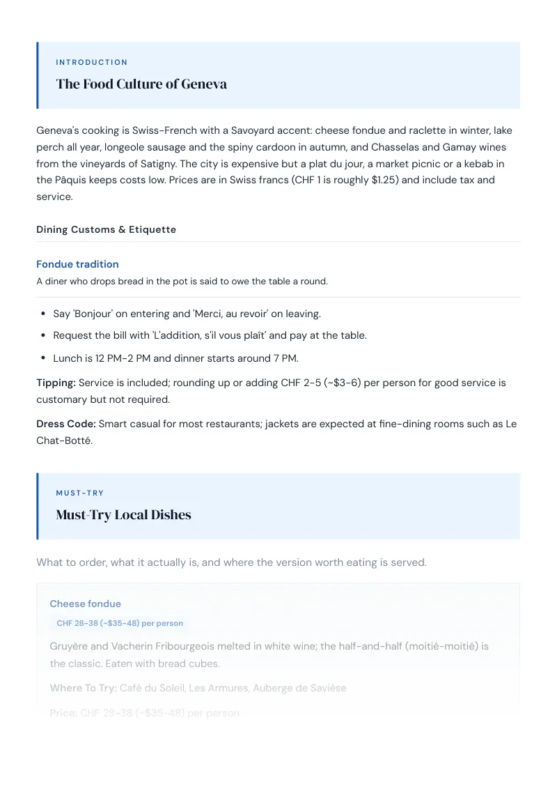 Geneva Complete Travel Bundle: Food guide · Must-Try Local Dishes