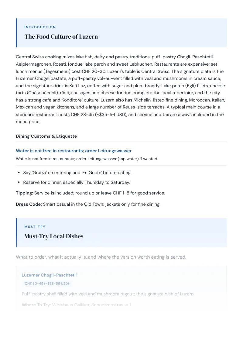 Luzern Complete Travel Bundle: Food guide · Must-Try Local Dishes
