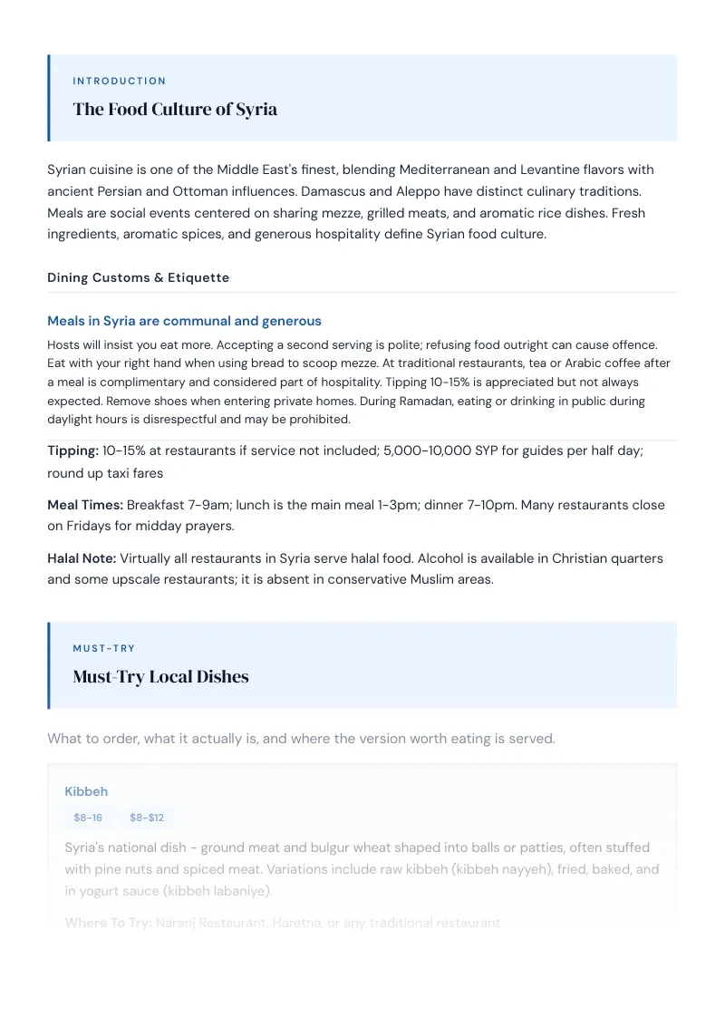 Syria Complete Travel Bundle: Food guide · Must-Try Local Dishes