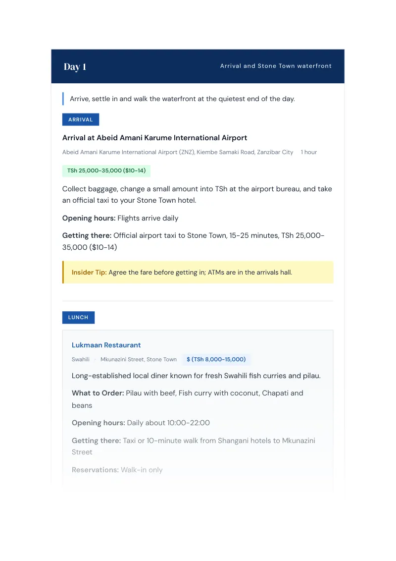 Mjini Magharibi Complete Travel Bundle: 7-day itinerary · Day 1