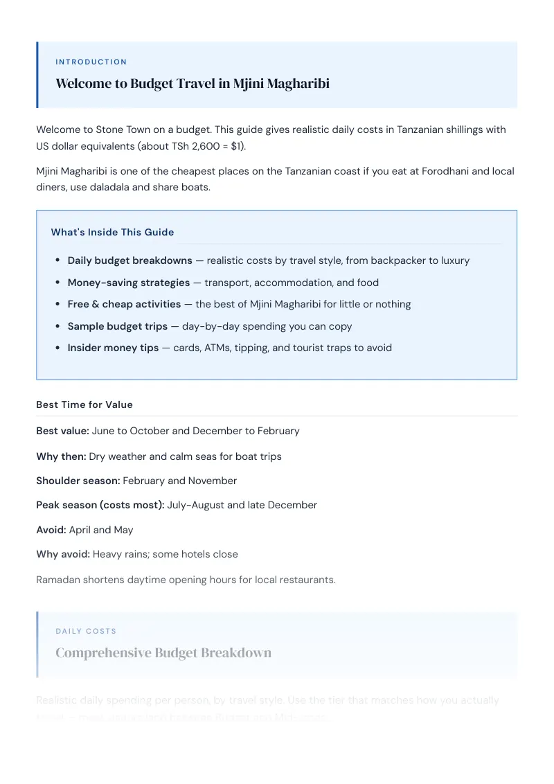 Mjini Magharibi Complete Travel Bundle: Budget guide · Comprehensive Budget Breakdown