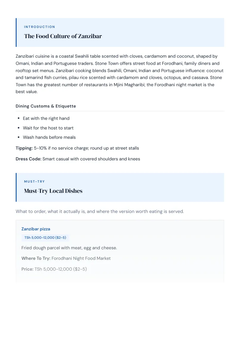 Zanzibar Complete Travel Bundle: Food guide · Must-Try Local Dishes
