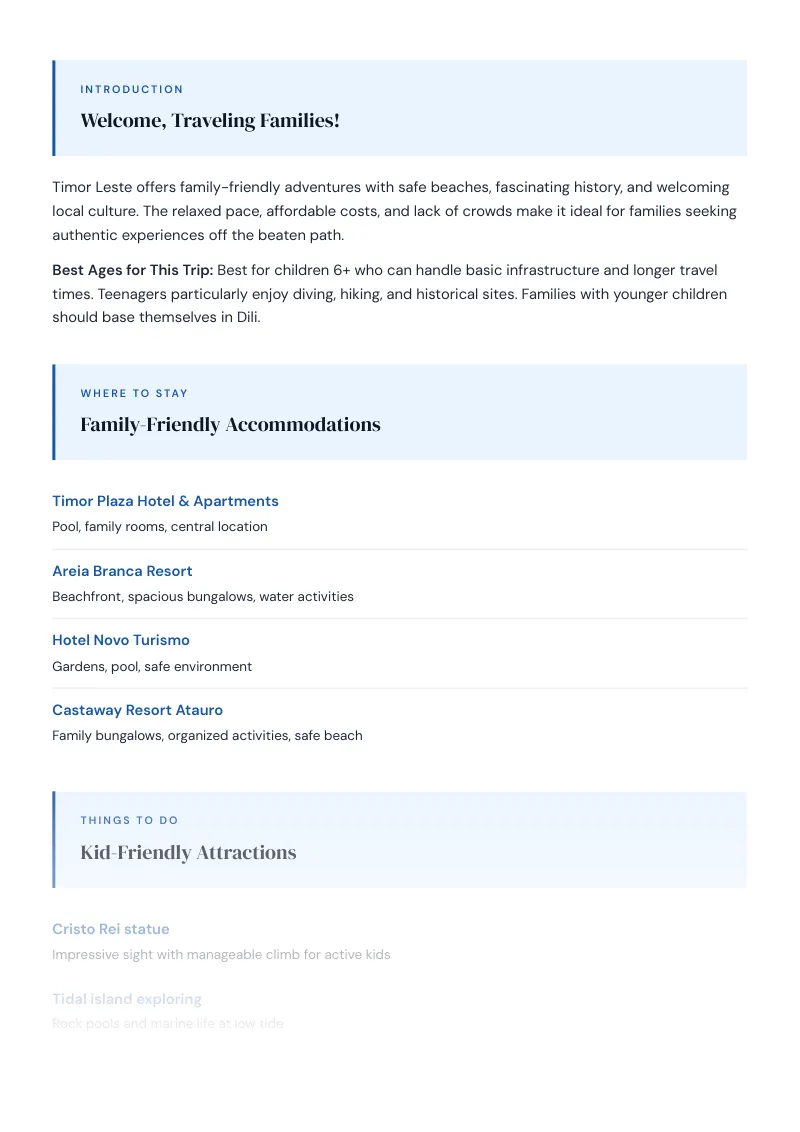 Timor Leste Complete Travel Bundle: Family guide · Kid-Friendly Attractions