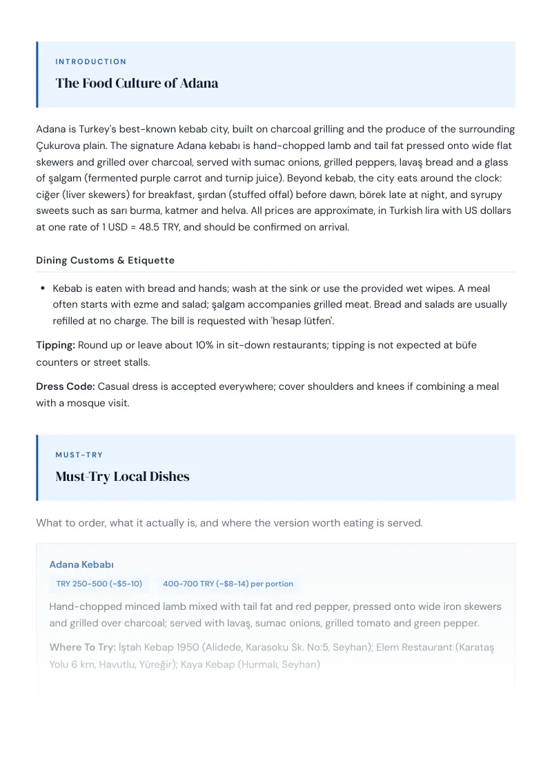 Adana Complete Travel Bundle: Food guide · Must-Try Local Dishes