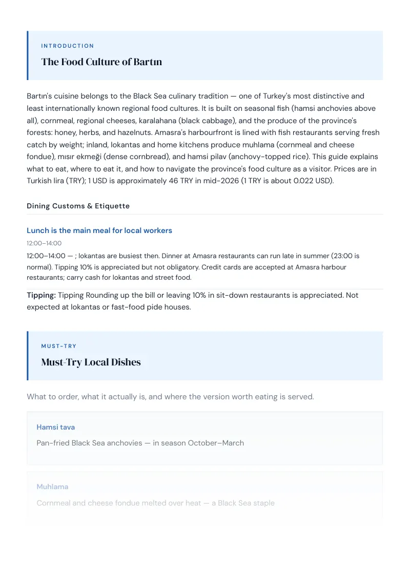 Bartın Complete Travel Bundle: Food guide · Must-Try Local Dishes