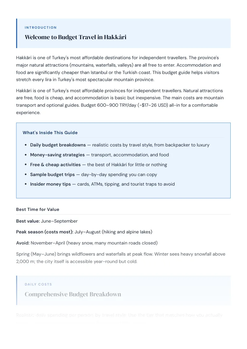 Hakkâri Complete Travel Bundle: Budget guide · Comprehensive Budget Breakdown