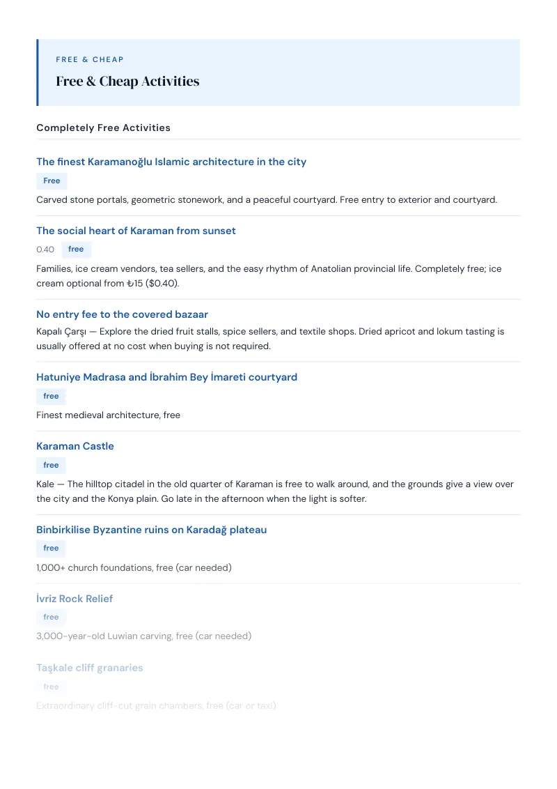 Karaman Budget & Money-Saving Guide: Free & Cheap Activities