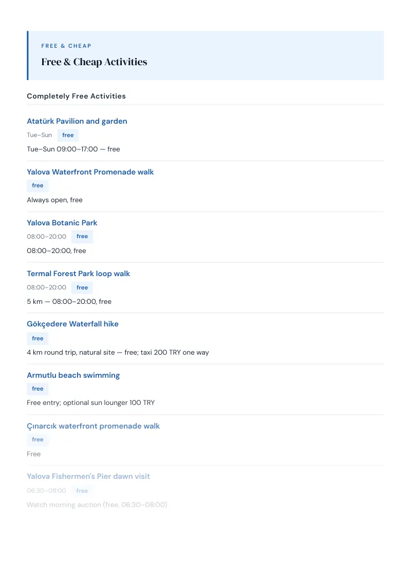 Yalova Complete Travel Bundle: Budget guide · Free & Cheap Activities