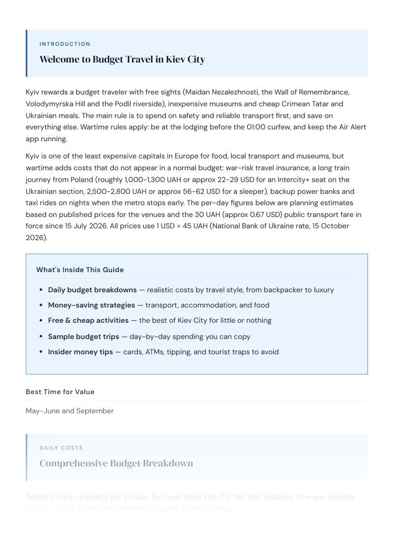 Kiev City Budget & Money-Saving Guide: Comprehensive Budget Breakdown