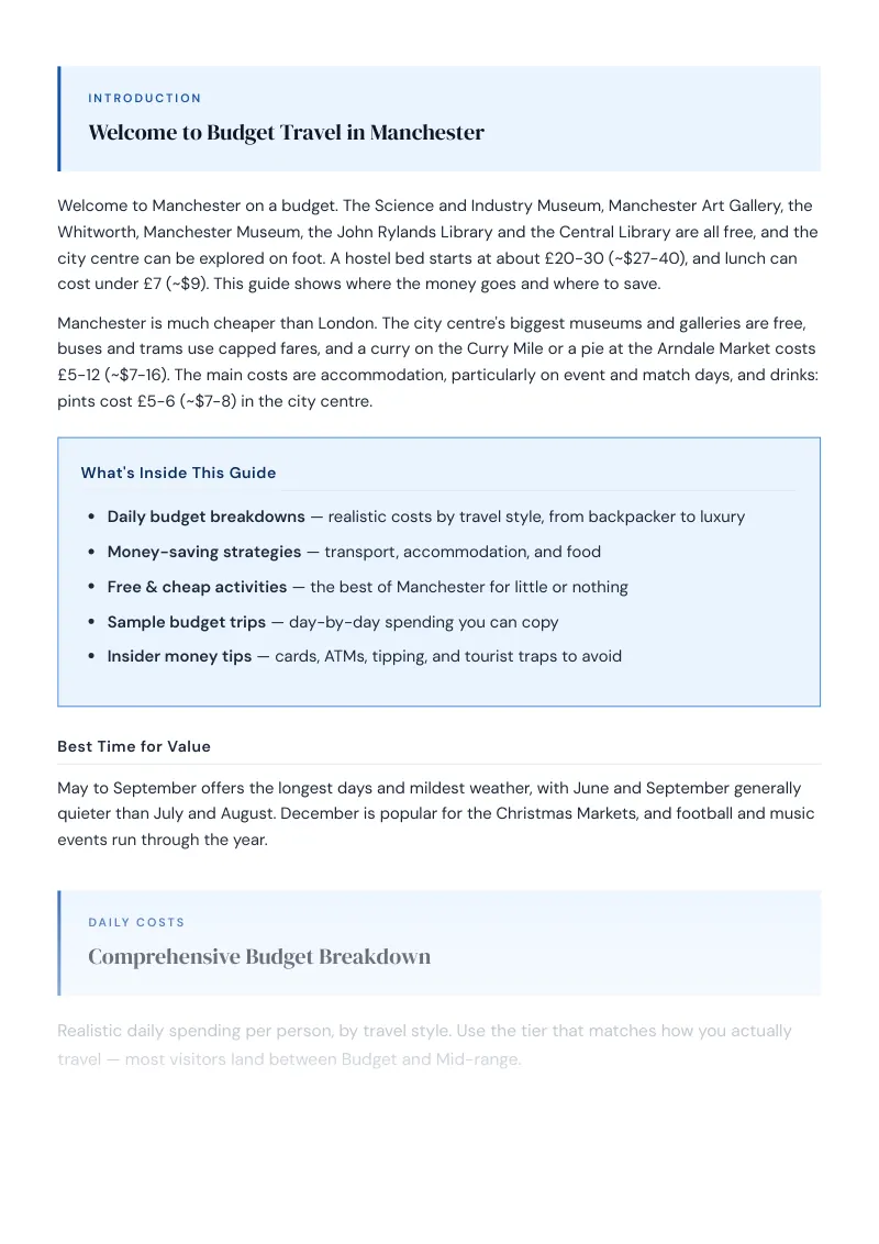 Manchester Complete Travel Bundle: Budget guide · Comprehensive Budget Breakdown