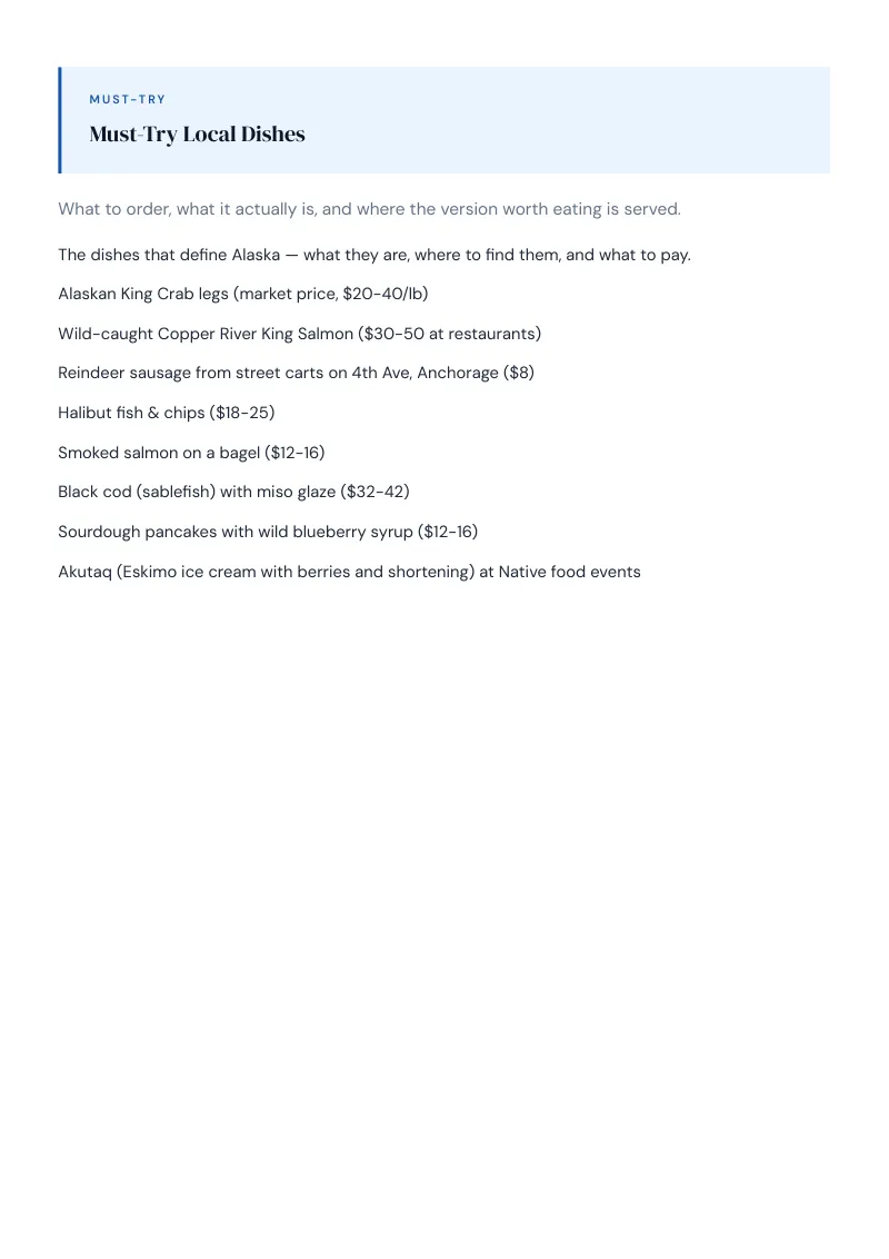 Alaska Complete Travel Bundle: Food guide · Must-Try Local Dishes
