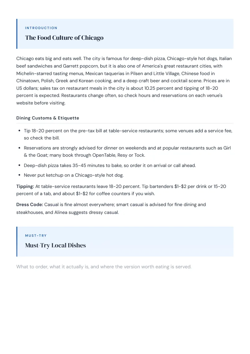 Chicago Complete Travel Bundle: Food guide · Must-Try Local Dishes