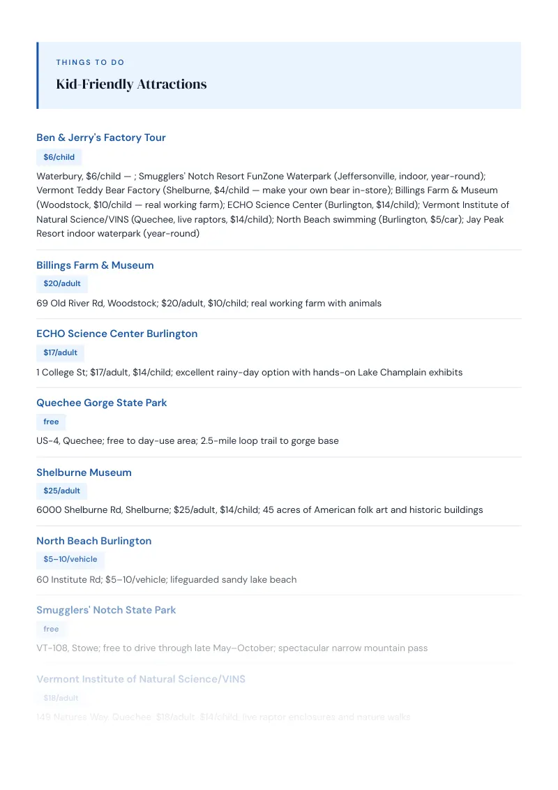 Vermont Complete Travel Bundle: Family guide · Kid-Friendly Attractions
