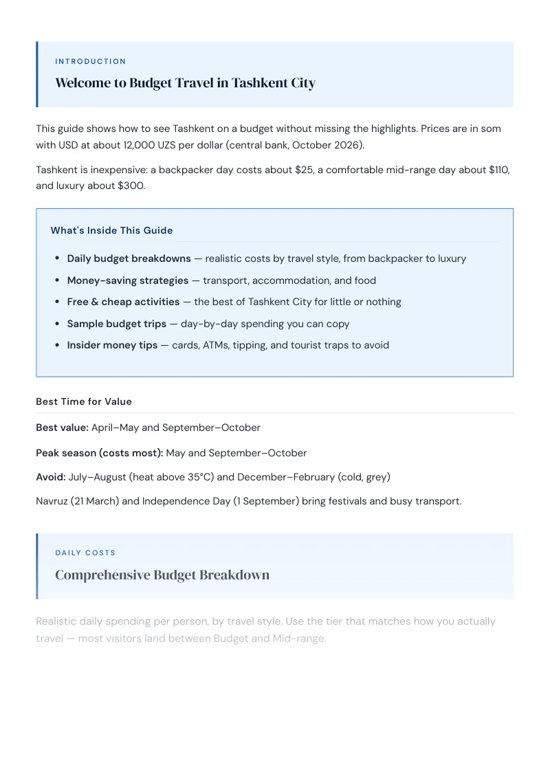 Tashkent City Complete Travel Bundle: Budget guide · Comprehensive Budget Breakdown