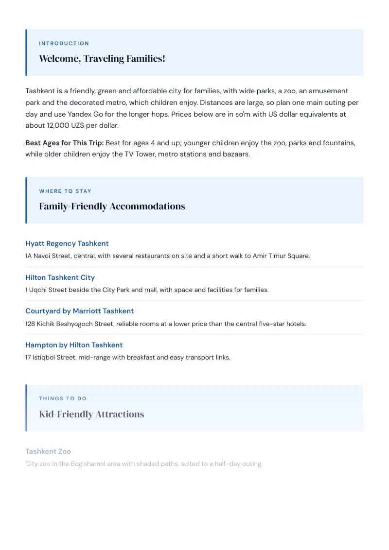 Tashkent Complete Travel Bundle: Family guide · Kid-Friendly Attractions