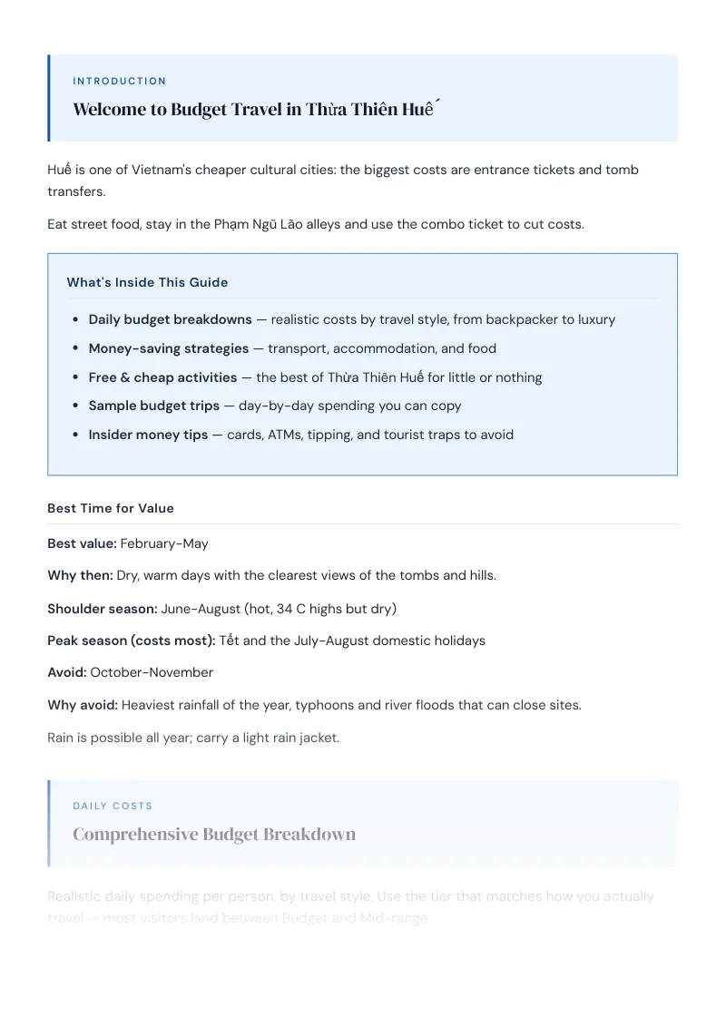 Thừa Thiên Huế Complete Travel Bundle: Budget guide · Comprehensive Budget Breakdown