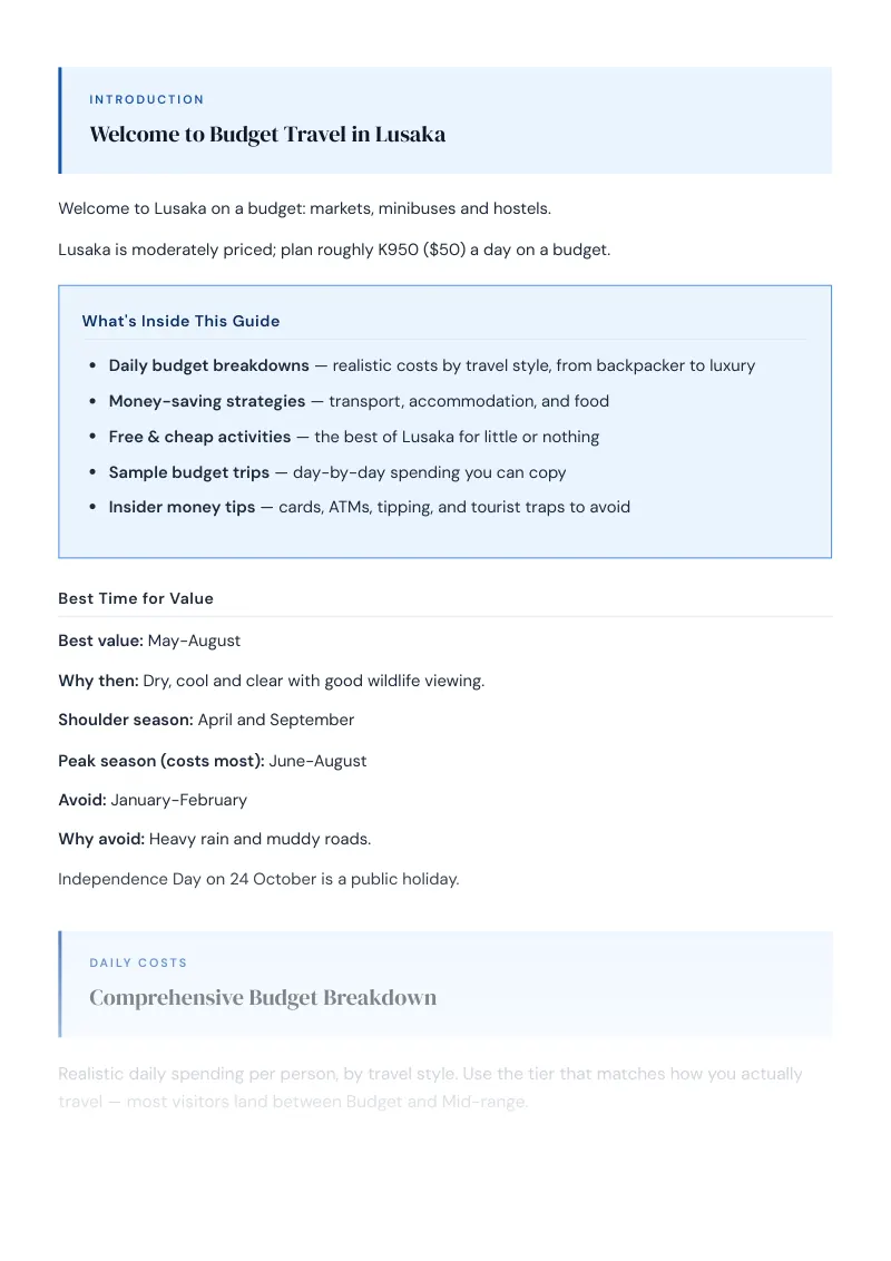 Lusaka Complete Travel Bundle: Budget guide · Comprehensive Budget Breakdown
